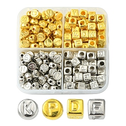 Platino & Oro Cuentas de plástico ccb, agujero horizontal, plano redondo/cubo con letra, platino y oro, 6~7x6~7x4~6 mm, agujero: 1.4~3 mm, 244 unidades / caja