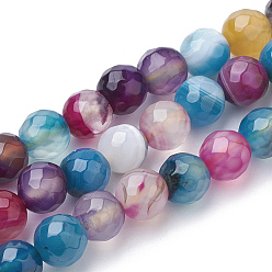 Mixed Color Natural Striped Agate/Banded Agate Beads Strands, Dyed, Faceted, Round, Mixed Color, 8mm, Hole: 1.2mm, about 45pcs/strand, 15.3 inch