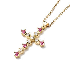 Golden Fuchsia Cubic Zirconia Cross Pendant Necklace, 304 Stainless Steel Jewelry for Women, Golden, 16.73 inch(42.5cm)