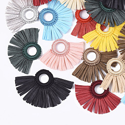 Mixed Color Raffia Tassel Pendant, with Polyester Link Ring, Fan, Mixed Color, 47~55x68~78x5~6mm, Hole: 14mm