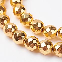 Golden Plated Non-magnetic Synthetic Hematite Bead Strands, Faceted, Round, Golden Plated, 8mm, Hole: 1mm, about 49~51pcs/strand, 15.3 inch~15.7 inch