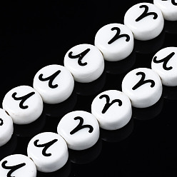 Aries Handmade Porcelain Ceramic Beads Strands, Printed, Flat Round with Constellation, Aries, 10~11x5mm, Hole: 2mm, about 30pcs/strand, 11.81 inches(30cm)