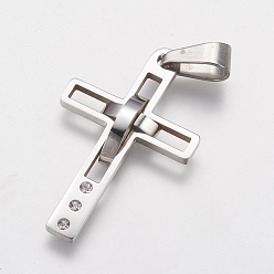 Stainless Steel Color 316 Surgical Stainless Steel Pendants, with Rhinestone, Cross, Stainless Steel Color, 30x18x3mm, Hole: 3x6mm