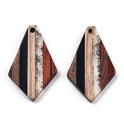 Silver Transparent Resin & Walnut Wood Pendants, with Silver Foil, Rhombus Charm, Silver, 33x20x2~3mm, Hole: 2mm