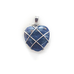 Sodalite Natural Sodalite Copper Wire Wrapped Pendants, Heart Charms, Silver Color, 20mm
