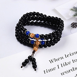 Natural Agate 3-Loop Wrap Style Buddhist Jewelry, Natural Agate Mala Bead Bracelets, Stretch Bracelets, Round, 26.38 inch(67cm)