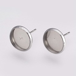 Stainless Steel Color 202 Stainless Steel Stud Earring Settings, with 304 Stainless Steel Pin, Flat Round, Stainless Steel Color, Tray: 10mm, 12x2mm, Pin: 0.8mm