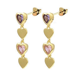 Purple Cubic Zirconia Heart Dangle Stud Earrings, Real 18K Gold Plated Brass Drop Earrings, Lead Free & Cadmium Free, Purple, 31x8mm