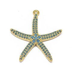 Oro Colgantes de zirconia cúbicos micro de aleación, larga duración plateado, estrella de mar / estrellas de mar, cielo azul profundo, dorado, 26x24x4 mm, agujero: 1.2 mm