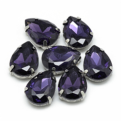 Púrpura Cose en el rhinestone, Enlaces multifilares, diamantes de imitación de cristal, con 201 ajustes de dientes de acero inoxidable, accesorios de prendas de vestir, facetados, lágrima, púrpura, 14x10x6 mm, agujero: 0.8~1 mm