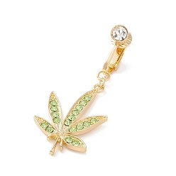 Peridot Leaf Rhinestone Charm Belly Ring, Clip On Navel Ring, Non Piercing Jewelry for Women, Golden, Peridot, 49mm