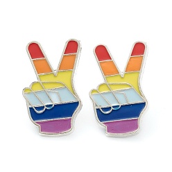 Colorful Alloy Enamel Brooches, Enamel Pin with Butterfly Clutches, Rainbow Yeah Victory Sign Gesture, Peace Hand Sign, Platinum, Colorful, 30x18x10mm