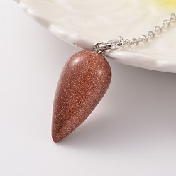 Goldstone Teardrop Platinum Tone Brass Goldstone Dowsing Pendulums, with Lobster Claw Clasps, 220x3mm