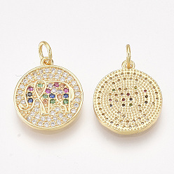 Colorful Brass Micro Pave Cubic Zirconia Pendants, Flat Round with Elephant, Golden, Colorful, 17x15x1.5mm, Hole: 3mm, Ring: 5x1mm