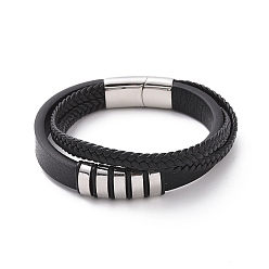 Stainless Steel Color Black Microfibre Braided Cord Triple Layer Multi-strand Bracelet with 304 Stainless Steel Magnetic Clasps, Rectangle Beaded Punk Wristband for Men Women, Stainless Steel Color, 8-5/8 inch(22cm)