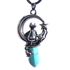 Synthetic Turquoise Synthetic Turquoise Pointed Faceted Bullet Pendants, Moon with Cat Charms, with Platinum Plated Alloy Findings, 50x22.5x17mm