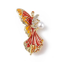 Rouge Orange Broche émail fée papillon avec strass cristal, Style, insigne en alliage d'or clair avec perle en plastique perlée pour femme, rouge-orange, 50.5x32x13.5mm