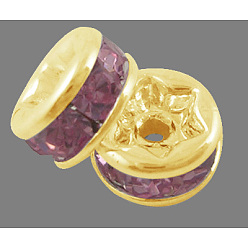 Rose Teneur en laiton un strass perles d'espacement, plaqué or, rondelle, sans nickel, rose, 6x3mm, Trou: 1mm