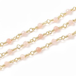 Pierre De Soleil Chaînes de perles naturelles faites à la main de sunstone, avec les accessoires en laiton, or, non soudée, ronde, facette, avec bobine, 12x1~1.25mm, perle: 2.5 mm, environ 32.8 pieds (10 m)/rouleau