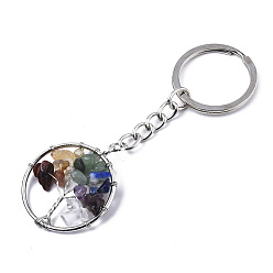 Mixed Stone Natural Mixed Gemstone Chips Chakra Keychain, with Platinum Plated Stainless Steel Split Key Rings, Flat Round with Tree, 90mm