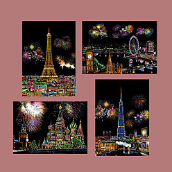 Building Scratch Rainbow Painting Art Paper, DIY Night View of the City Scratchboard, with Paper Card and Sticks, Building Pattern, 29.7x21cm, 4pcs/set