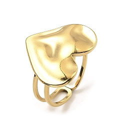 Real 18K Gold Plated 304 Stainless Steel Open Cuff Rings, Hammered Heart, Real 18K Gold Plated, US Size 6 1/2(16.9mm)