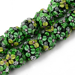 Vert Mer Moyen Brins de perles à chalumeau manuels, cahoteuse, ronde avec des fleurs, vert de mer moyen, 15~17.5x13~16mm, Trou: 0.9~1.2mm, Environ 30 pcs/chapelet, 16.54 pouce (42 cm)