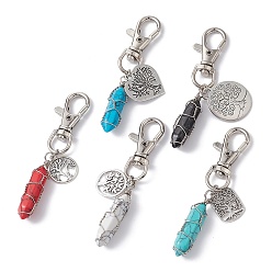 Mixed Color Copper Wire Wrapped Synthetic Turquoise Bullet Pendant Decorations, with Tree of Life Alloy Pendant and Swivel Lobster Claw Clasps, Mixed Color, 77~81mm