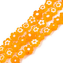 Orange Handmade Millefiori Glass Bead Strands, Plum Bossom, Orange, 7~9x7.5~9x2.5~3mm, Hole: 1mm, about 52~54pcs/strand, 15.75 inch~15.94 inch(40~40.5cm)