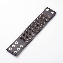 Black Punk Rock Style Cowhide Leather Rivet Bracelets, with Alloy & Iron Findings, Black, 220x42x2mm(8-5/8 inchx1-3/4 inch)