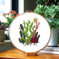 Coloré Kits de démarrage de broderie bricolage motif cactus, y compris le tissu et le fil à broder, aiguille, feuille d'instruction, colorées, 290x290mm