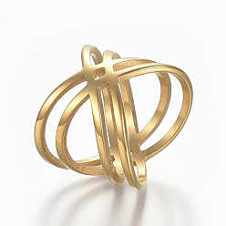 Golden 304 Stainless Steel Finger Rings, Wide Band Rings, Criss Cross Ring, Double Rings, X Rings, Hollow, Golden, 16~19mm