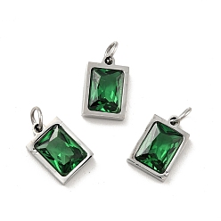 Green 304 Stainless Steel Pendants, with Cubic Zirconia and Jump Rings, Single Stone Charms, Rectangle, Stainless Steel Color, Green, 11.5x8x3.5mm, Hole: 3.6mm