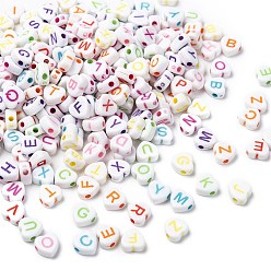 Couleur Mélangete Perles opaques cardiaques acryliques, perles de lettre à trou horizontal, couleur mixte, 7x7.5x4mm, Trou: 2mm, environ3600 pcs / 500 g