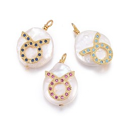 Taurus Natural Cultured Freshwater Pearl Pendants, with Brass Micro Pave Cubic Zirconia Findings, Nuggets with Constellation, Golden, Mixed Color, Taurus, 17~22x11~16x5~11mm, Hole: 1.6mm