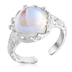 Silver 925 Sterling Silver Open Cuff Ring, Moonstone Half Round Finger Ring for Women, Silver, US Size 4 1/4(15mm)