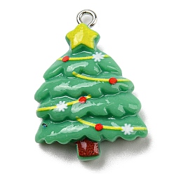 Árbol de Navidad Colgantes de la resina opacos, dijes navideños con aros de hierro bañados en platino, verde, árbol de Navidad, 29x21x7 mm, agujero: 2 mm