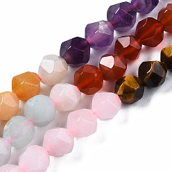 Mixed Stone Chakra Theme Natural Tiger Eye & Rose Quartz & Amethyst & Topaz Jade & Red Agate & Amazonite & Sodalite Beads Strands, Star Cut Round Beads, Faceted, 6~7x5~6mm, Hole: 1mm, about 63~64pcs/strand, 15.55 inch(39.5cm)