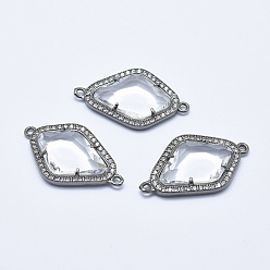 Clear Brass Micro Pave Cubic Zirconia Links, with Glass, Faceted, Rhombus, Gunmetal, Clear, 33x20x5mm, Hole: 1.6mm