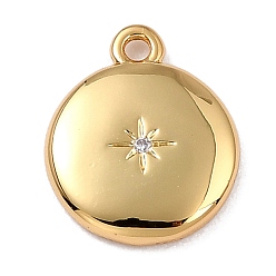 Clear Brass Micro Pave Cubic Zirconia Charms, Long-Lasting Plated, Real 18K Gold Plated, Flat Round with Star, Clear, 12x10x2mm, Hole: 1.2mm