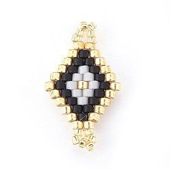 Noir Liens de perles de rocaille japonaises faites à la main miyuki & toho, Motif métier, losange, noir, 21.5~22x12x1.7mm, Trou: 2mm