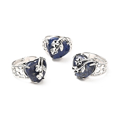 Lapis Lazuli Natural Lapis Lazuli Adjustable Rings, Platinum Tone Heart with Flower Brass Rings for Women, Cadmium Free & Lead Free, US Size 6 3/4(17.1mm), 4.5~9mm