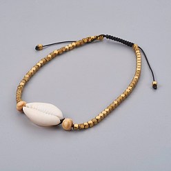 Dark Goldenrod Adjustable Nylon Cord Braided Anklets, with Cowrie Shell and Wood, Electroplate Non-magnetic Hematite Beads, Dark Goldenrod, 2-3/4 inch~4 inch(7~10.3cm)