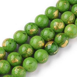 Lime Green Natural Jade Beads Strands, with Gold Foil, Dyed, Round, Lime Green, 8mm, Hole: 1mm, about 50pcs/strand, 15.75 inch(40cm)
