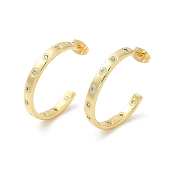 Real 18K Gold Plated Rack Plating Brass Ring Stud Earrings, Cubic Zirconia Half Hoop Earrings, Lead Free & Cadmium Free, Real 18K Gold Plated, 28x3.5mm