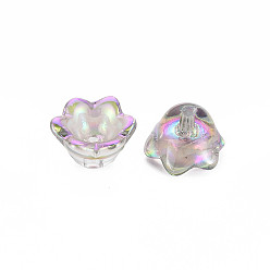 Violet Electroplate Transparent Glass Bead Caps, 6-Petal, Half Plated, Flower, Violet, 11.5x10.5x8.5mm, Hole: 1mm