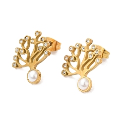 Golden Crystal Rhinestone Tree of Life Stud Earrings with Plastic Pearl Beaded, Ion Plating(IP) 304 Stainless Steel Jewelry, Golden, 16x15mm, Pin: 0.7mm