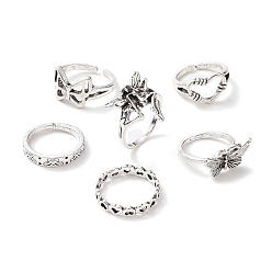Antique Silver Tibetan Style Alloy Stackable Rings Set, Gothic Jewelry for Women, Antique Silver, Inner Diameter: 17~18.7mm, 6Pcs/set