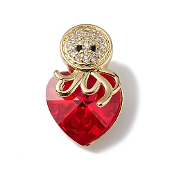 Red Real 18K Gold Plated Rack Plating Brass Micro Pave Cubic Zirconia Pendants, with Glass, Long-Lasting Plated, Cadmium Free & Lead Free, Octopus & Heart, Red, 20x11.5x10mm, Hole: 4x4mm