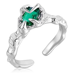 Green 925 Sterling Silver Claw Open Cuff Ring, Cubic Zirconia Gothic Ring for Women, Platinum, Green, US Size 5 1/4(15.9mm)